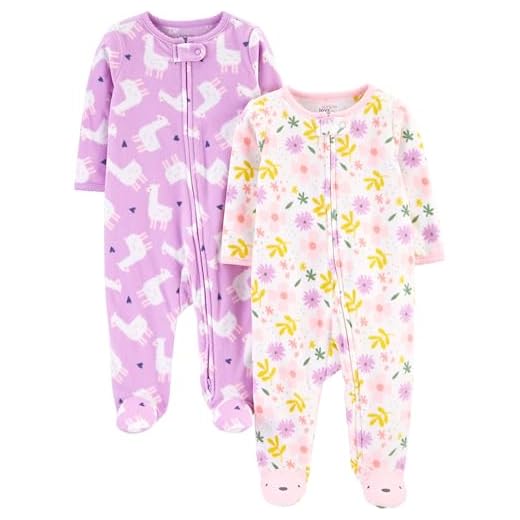 Simple Joys by Carter's Ropa para Dormir y Jugar de Forro Polar con Pies Bebé Niña, Pack de 2, Blanco Floral/Morado Llama, 0-3 Meses