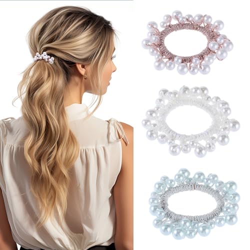 Mabor 3 coleteros de perlas para el pelo con perlas brillantes, elásticos, para coleta de caballo, cuerdas elásticas para el pelo, lazos decorativos para el pelo, bonitos accesorios para el cabello