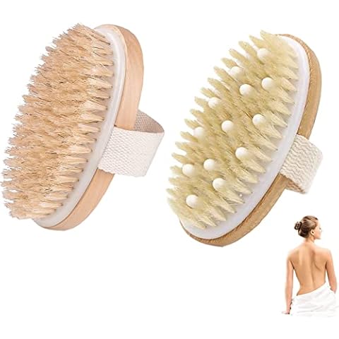 2 Pack Dry Body Brush, Shower Brush Wet and Dry Brushing, Dry Brush for Cellulite and Lymphatic, Body Scrubber with Soft and Stiff Bristles, Suitable for All Kinds of Skin Cover