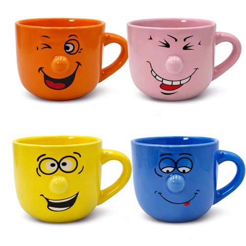 Paluplus Set 4 Tazze da Colazione in Porcellana Multicolor con Faccine Divertenti, Capacità 450 ml, Tazze Mug con manico, Lavabili in Lavastoviglie, adatte per Microonde, per Thè, Tisane e Latte -218F