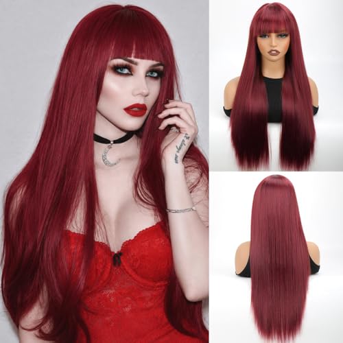 forfeels Synthetic Wig Burgundy Wine Red Hair for Women Long Straight Synthetic Wig with Bangs Natural Looking 28 Inch Cosplay Synthetic Fiber Hair Heat Resistant Replacement Wigs