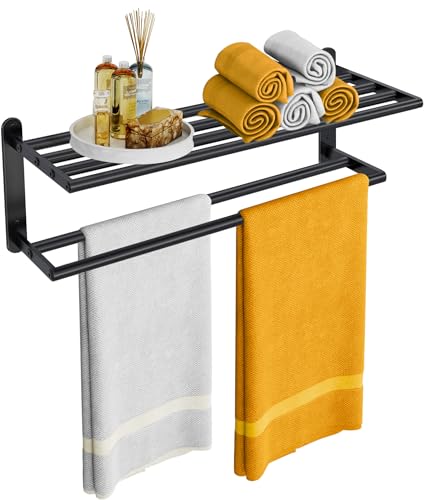 Double Towel Racks for Bathroom Towel Shelf with Double Towel Bar 24 inch Towel Rack with Shelf for Bathroom Stainless Steel Towel Holder Wall Mounted Towel Storage for Bathroom Lavatory Black