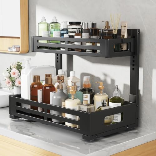 Image of 2 Pack 19IN-Depth Under Sink Organizer,Pull Out Cabinet Organizer With Smooth Cylindrical Rail,Metal Slide Out Drawer for Kitchen Bathroom Laundry,8-Level Tool Free Height Adjustable-Black