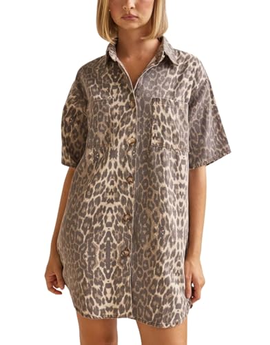 chouyatou Women's Vintage Leopard Denim Button Down Shirt Dress Casual Short Sleeve Distressed Jean Shift Mini Dress (Large, Leopard)