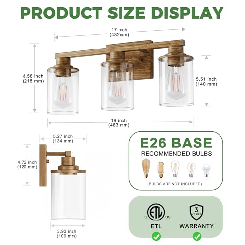 Image of DORESshop 17 Inch Bathroom Light Fixtures, 3-Light Oak Bathroom Lighting Fixtures Over Mirror with Clear Glass Shade, Vanity Lights for Living Room Bedroom