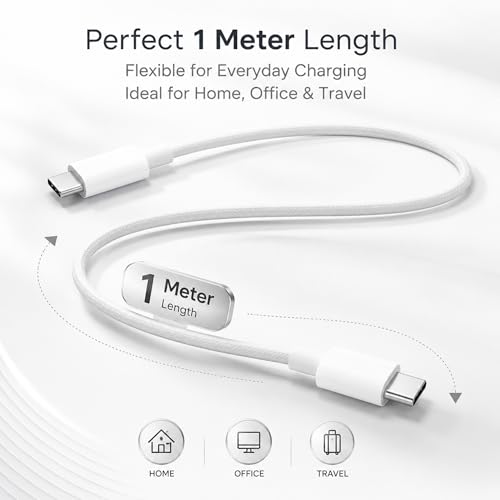 Image of Type C to C USB Cable 1m 65W Rapid Fast Charging 15A Universal Type C Charger Cord for Smartphones & Tablets | White Durable Charging Cable