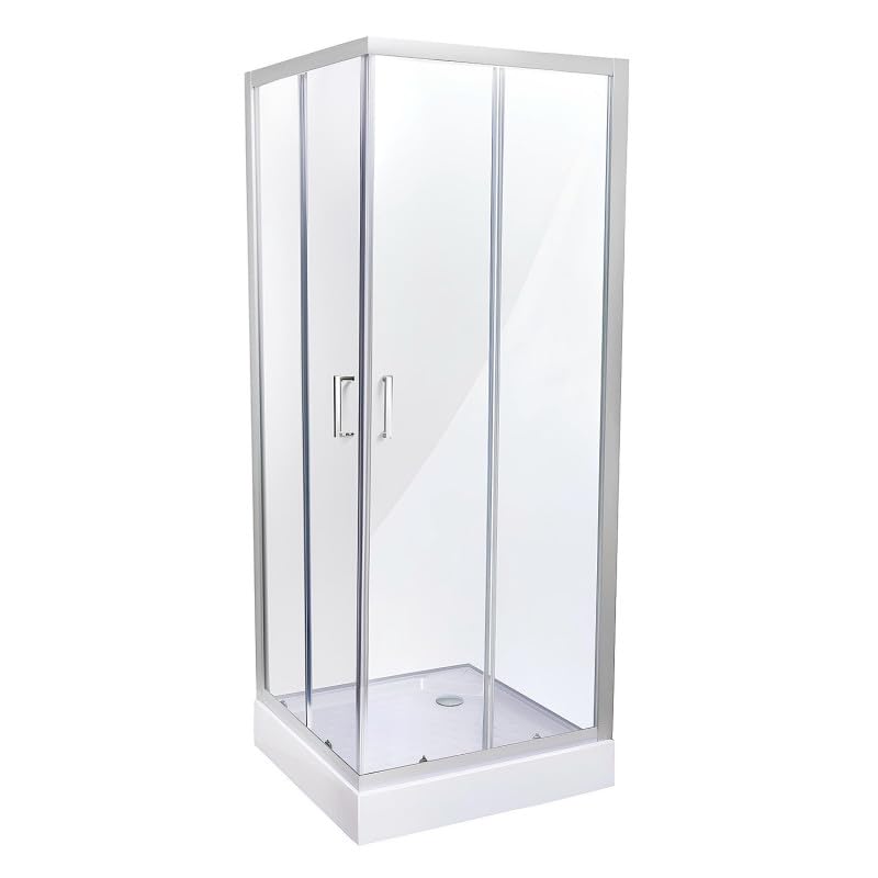 Belvit Cabina de ducha esquinera de 80 x 80 x 200 cm con puertas correderas y plato de ducha, cristal templado transparente de 4 mm, perfiles cromados, revestimiento nano antical, mampara de ducha