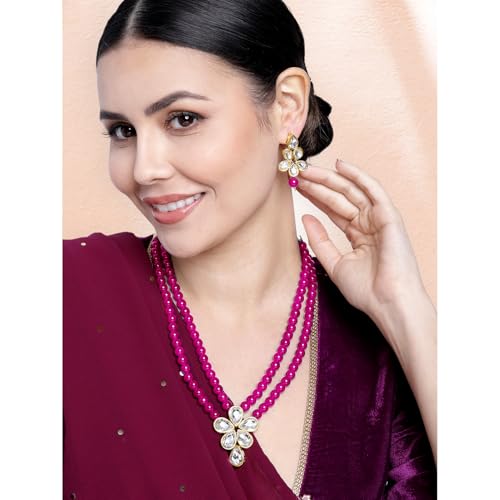 Image of Peora Crystal Faux Pearl Kundan Necklace & Jewellery Set Gift for Women