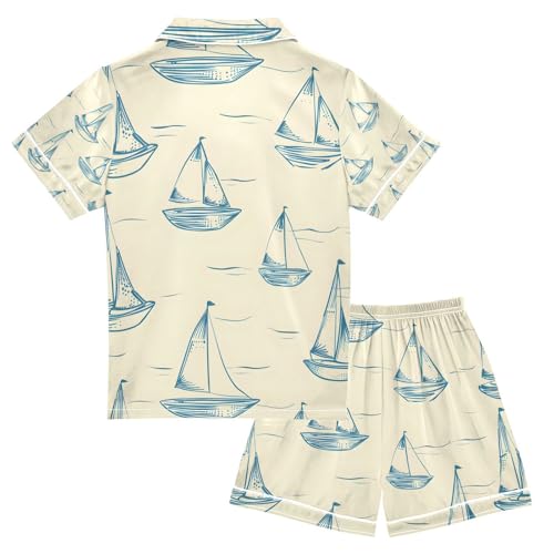 senya Sailboat and The Art Of Lines Satin Summer Pajama Sets Silk Short Sleeve Button Down Sleepwear2