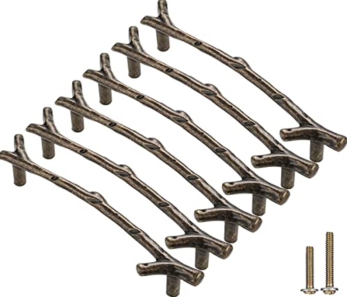 Sinyiol Branch Knob 6pcs Bronze Vintage Tree Twig Cabinet Knobs Pull Handles with 2 Sizes Screws,Zinc Alloy Drawer Handle for Mountain House Kitchen Cupboard (Length 6.4 Hole Distance 5 , Bronze)