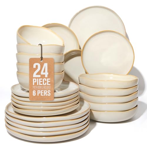 Image of 24 Pieces Dinnerware Set for 6 with Pasta Bowls, Complete Ceramic Dish Set, Stackable & Glossy Stoneware Plate and Bowl Set for Effortless Everyday Hosting, Yellow White