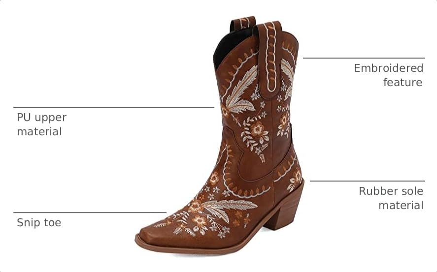 Image of Womens Embroidered Cowgirl Boots Pull On Cowboy Boots for Women Floral Low Chunky Heel Western Boots