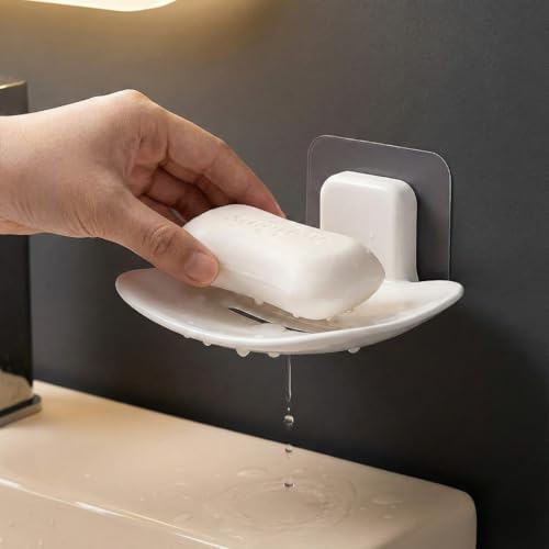 Image of Wall Mounted Soap Dish Holder, Self Adhesive, Curved Tray Design, Bathroom Organizer, Available in White and Black