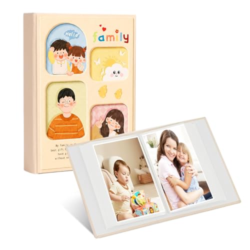 Image of HASTHIP Photo Album 4x6 with Tempered Glass Album Pockets Linen Cover with Front Window for Family Baby Travel Keepsake, Album for Photos Collection