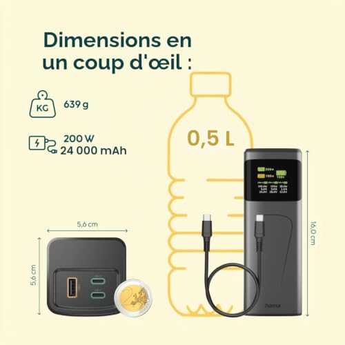 Hama Batterie Externe 24000 mAh 200W (Power Bank Compact, Chargeur Portable, Charge Ultra Rapide Sécurisée, 2 USB-C, 1 USB-A, PD + QC, Ecran Indicateur Couleur TFT, Utilisation Universelle) Gris