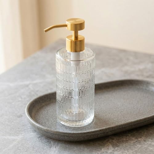 Image of Fluted Glass Hand Soap Dispenser with Gold Pump for Bathroom, 17oz | Vintage Art Deco Reeded Glass, Refillable Clear Ribbed Bottle, Rust-Proof Gold Finish Pump, for Kitchen Countertop
