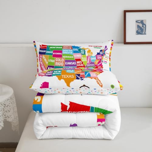 Image of Feelyou USA Map Bedding Set Full, Geography USA Map Comforter Set for Boys Girls Educational Comforter Learning Time Duvet Set 3Pcs