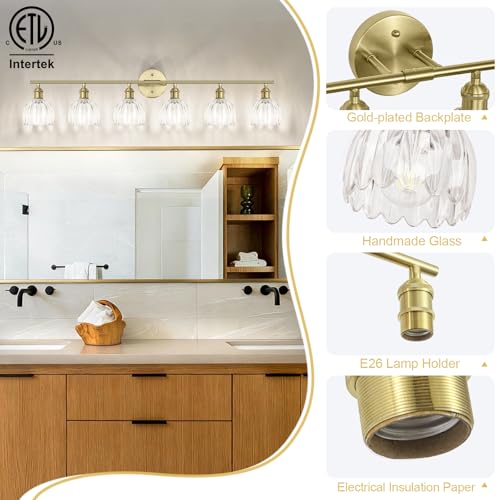 Image of Vintage Bathroom Light fixtures, Gold Vanity Lights, ETL Certified