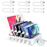 COSOOS PD USB-C Charging Station for iPhone 16 Pro, 81 W 6-Port USB Charging Station for Multiple Devices with 3 * 20W USB-C Charger & 6 Mixed Short Cables, Fast USB Charger Station,Silver White