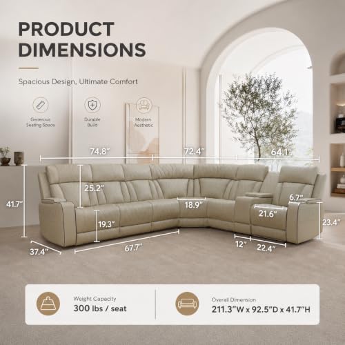 Image of Power Reclining Sectional Sofa Set, Modern Leather Sectional Couch Set, Living Room Furniture Sets Featuring LED Lights,Cup Holder,Storage,Home Theater Seating(Beige)