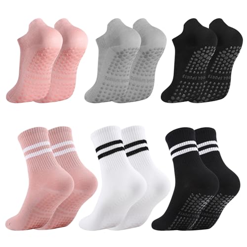 Image of Jspupifip 6 Pairs Grips Pilates Socks for Women Non Slip Yoga Socks with Grips Ankle Grippy Socks for Barre Ballet Athletic Barefoot Hospital