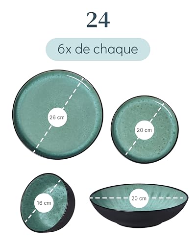 Image of 24 Piece Stoneware Dinnerware Set for 6 - Handmade Reactive Glaze Plates and Bowls Set - Chip & Scratch Resistant Dish Set - Dishwasher Microwave Safe - Dark Sage Green