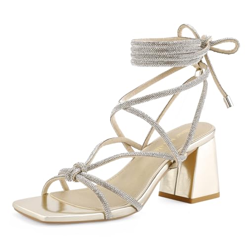 Image of Shoe'N Tale Lace Up Heels for Women Ankle Strappy Gladiator High Heeled Sandals Chunky Block Heel Square Open Toe Criss Cross Dress Shoes