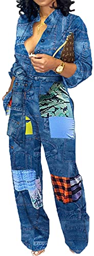 SeNight Women Jumpsuits Elegant Business Casual V Neck Long Sleeve Sexy Imitation Denim Printing Color Decorative Straight Long Pants Jumpsuits with Pockets SeNight Women Jumpsuits Elegant Business Casual V Neck Long Sleeve Sexy Imitation Denim Printing Color Decorative Straight Long Pants Jumpsuits with Pockets