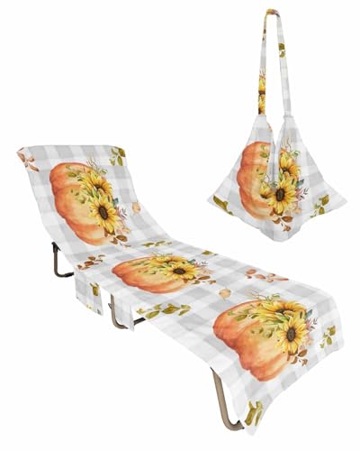 Pumpkin Beach Chair Towel Covers for Chaise Lounge with Side Pocket, Soft Plush Pool Towels Cover for Patio Sunbathing Outdoor 29''x85'' Fall Sunflower Autumn Maple Leaves Plaid