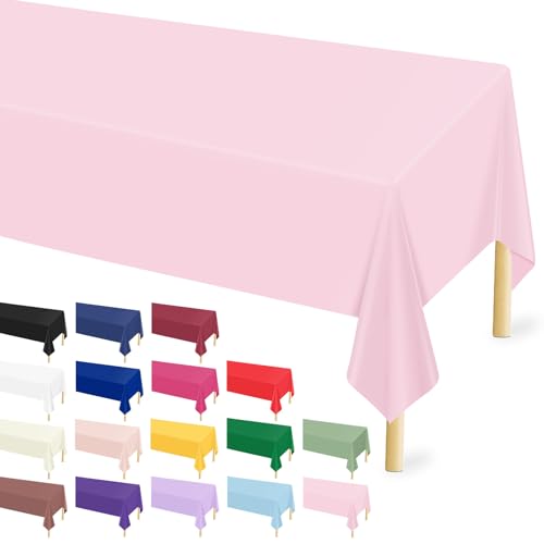 Image of Mulbozy 12 Pcs Pink Plastic Tablecloth for Rectangle Table, 54 x 108 inches Disposable Pink Party Table Covers for Birthday, Anniversary, Wedding, Fine Dining, Graduation Party Decoration