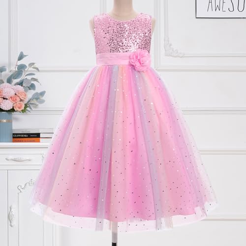 IBTOM CASTLE Flower Girl Sequin Rainbow Tulle Party Dress Little Girl Birthday Wedding Formal Evening Pageant Dance Gown3