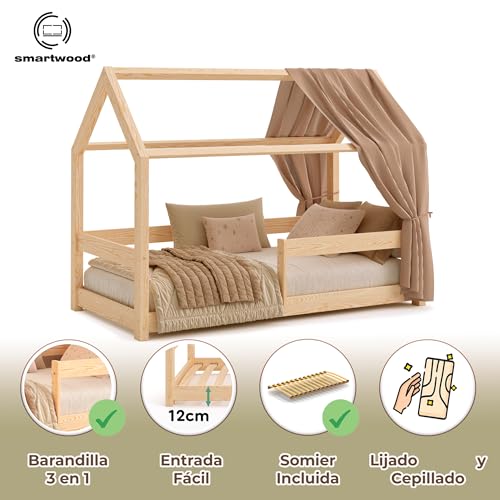 Miniatura 3 de Smartwood Cama Casita 90x190 De Madera Maciza - Cama Montessori Con Barandilla Y Somier Hasta 230 Kg - Diseño Escandinavo - Para Niños Y Niñas - Montaje Fácil - Milo