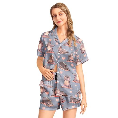 Image of Funny Pajamas for Women Set Print Satin Loungewear Pjs Short Sleeve Button Down Top and Shorts Sets Sleepwear XS-3XL