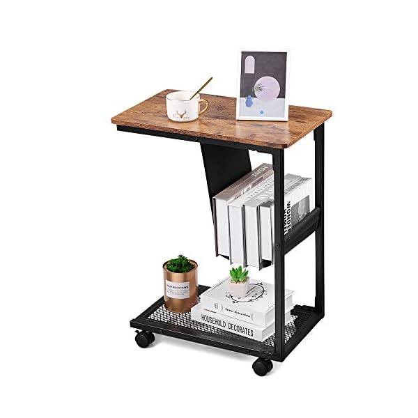 Neekor Industrial Side Table C Shaped End Table,Heavy Duty Mobile Table with Mesh and Side Pocket Coffee Table Living Room Couch Table Metal Frame Slide Under for Small Spaces,51cmx30mcmx67cm