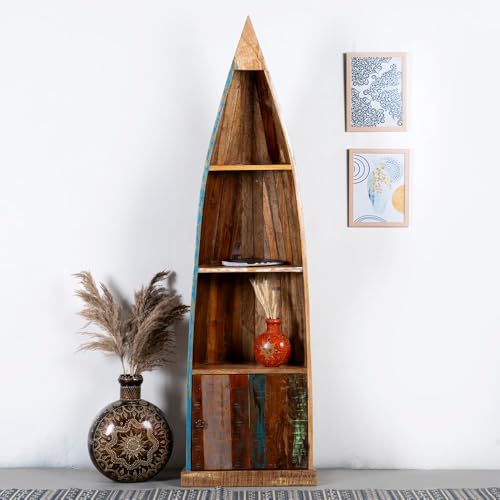 Image of Solid Wooden Book Shelf, Antique Boat Design Handcrafted Wooden Bookcase with Storage, Vintage Storage Shelf for Living Room, Office, Bedroom (Rustic-1)