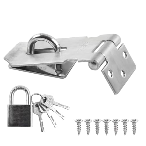 Image of HOWDIA 180 Degree Hasp Lock Latch with Padlock, 3 Inch Stainless Steel Pad Lock Latches Locking Latch Security Door Clasp Hasp for Shed /Gate /Storage（Silver）
