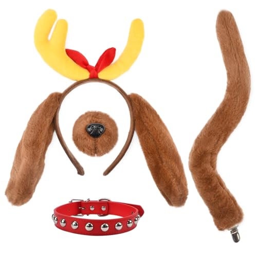 Rentier Kostüm Zubehör, Hirschgeweih Stirnband mit Hundeohren, Schwanz Nase Kragen, Niedlich Rentier Haarreif Weihnachten Kostüm Zubehör für Weihnachten Mottoparty Rollenspiel