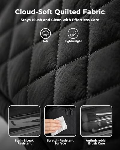 Image of Batfield Makeup Pouch Bag for Women, 2Pcs Waterproof Puffer Set with 180 Flat Open, Travel Large Capacity Makeup Bag for Women with Brush Compartment & Handle for Vacation, Business Trip (Black)