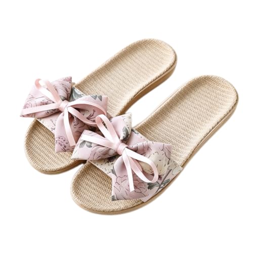 Floral Bow Linen Slippers Flax Woven Open Toe Cushion House Slides (Pink,7)