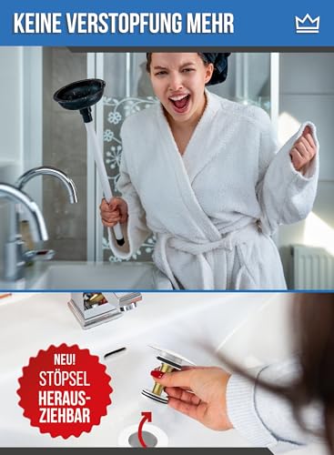 FEINER® Universal Waschbecken Ablaufgarnitur - Glanzweiß - für Waschbecken & Waschtische Aller Art MIT und OHNE Überlauf, Stöpsel herausziehbar mit Haarfänger, GRATIS Dichtungen & Einbauanleitung