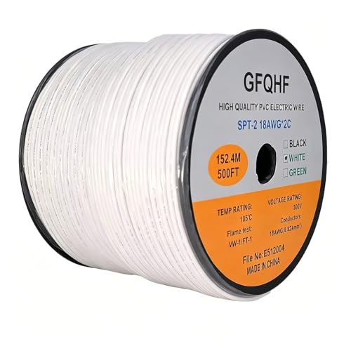 GFQHF 500FT White SPT-2 Zip Cord Wire 18/2 Extension Electrical Cable UL Listed 18 Gauge Wire Work with SPT-2 Vampire Plug