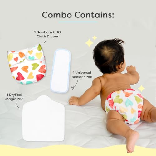 Image of SuperBottoms New Born UNO Cloth Diaper Combo Pack - Includes 1 UNO Diaper, 1 DryFeel Magic Pad & 1 Universal Booster Pad - Reusable, Washable, Organic & Rash-Free - For Babies - 0-3M - Eco-Friendly