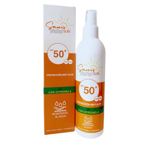 SANIS, Protector Solar 50, Spray Corporal Protección Solar SPF 50, Factor de Protección UVA y UVB, Resistente al Agua, Aloe Vera Y Vitamina E, 250 ML (SANIS SUN con CITRONELA)