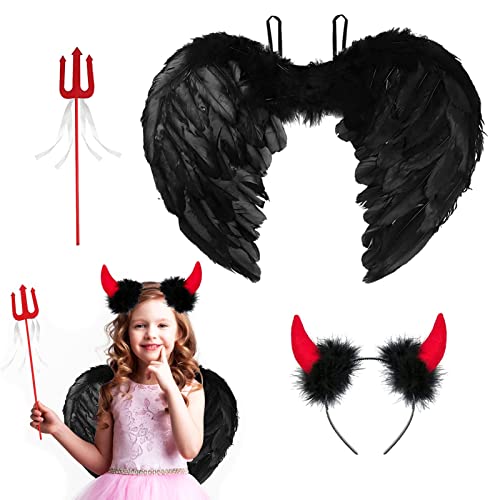Ailes d'ange Noires, Costume Ailes d'ange Sombres, Ailes d'ange en Plumes avec Baguette Magique pour Déguisement Fête Costume d'Halloween Carnaval Cosplay