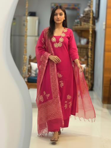 Image of ANNI Designer Women's Rayon Viscose Straight fit Printed Embroidered Kurta with Pant & Dupatta | Ethnic Kurta Set for Women | Daily, Office & Festive Traditional