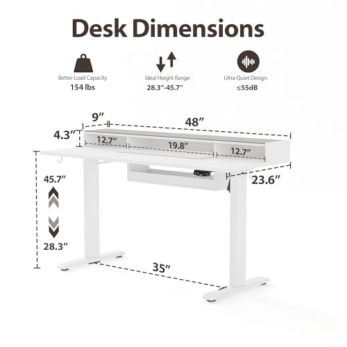 Image of Agilestic Glass Standing Desk with Storage, 48 Inch Electric Adjustable Desk with Glass Shelf and Cable Management, Sit Stand Up Home Office Computer Table, Splice Board, White