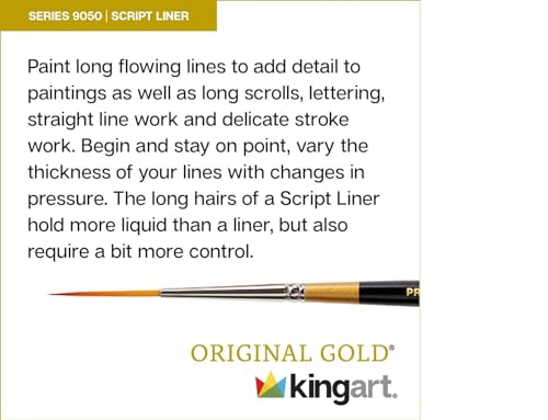 KINGART Premium Set de 5 Pinceles Script Liner Serie 9050 Original Gold, Pelo Sintético Golden Taklon para Acrílico, Óleo y Gouache, Mango Corto, 5 Tamaños: 18/0, 10/0, 1, 2, 4 miniatura 5