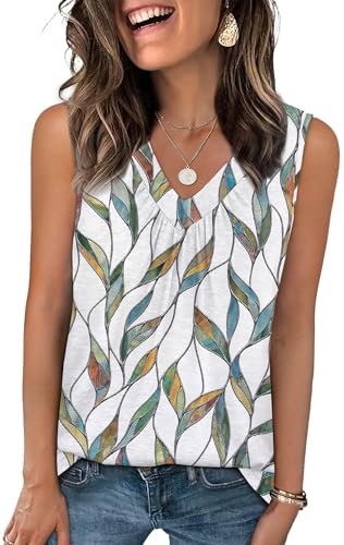 OFEEFAN Womens Blouses Summer Sleeveless Tank Tops Dressy Casual V Neck Tshirts Shirts Patterned-White Print XL