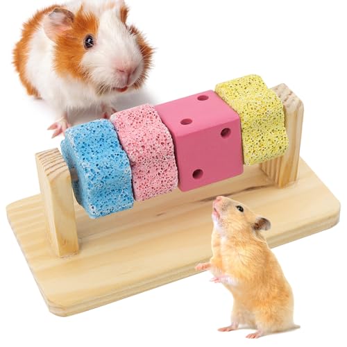 JWVGWV Guinea Pig Chew Toys for Teeth Natural Hamster Lava Grinding Stone Adds Calcium to Diet Rotating Rat Enrichment Toys Wood Stand for Syrian & Dwarf Hamsters Rats Guinea Pig Chinchillas