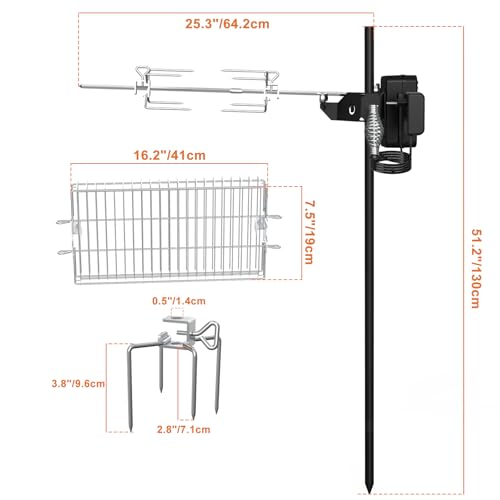 Onlyfire Drehspieß für Feuerschale Feuerstelle, Grillspieß Set für Camping | Elektrische Rotisserie mit Drehspießkorb, Spießgabeln, Batteriemotor mit Netzteil, und Tragetasche